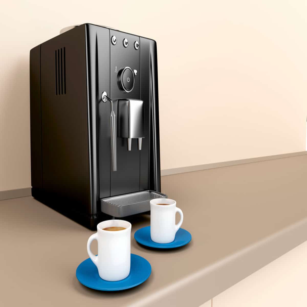 Automatic coffee machine and two espresso cafetière cups in the kitchen